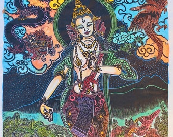 White Tara with dragon, phoenix and i'ili birds, White Tara, Tara, Buddhas, goddess, meditation, yoga arts, yoga, Hawaiian, Buddhist Art