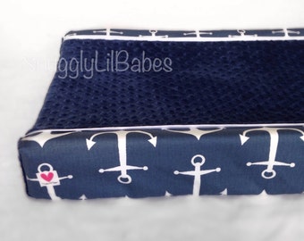 Navy anchor changing pad cover, navy minky dot