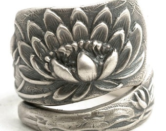 Lotus Flower Ring, Sterling Silver Spoon Ring, Stunning Pond Lily Ring, Pond Lilly, Art Nouveau Ring, Handmade Jewelry, Adjustable Ring 4476