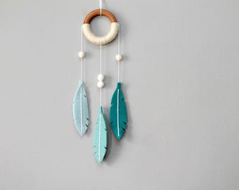 Dream Catcher Aqua Blue. Minimalist Felt Feather Dreamer. Modern Dreamcatcher. Turquoise Feather Wall Hanging. Handmade by OrdinaryMommy