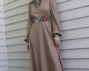 70s Brown Plaid Dress 1970s Vintage Print Long Sleeve Casual S