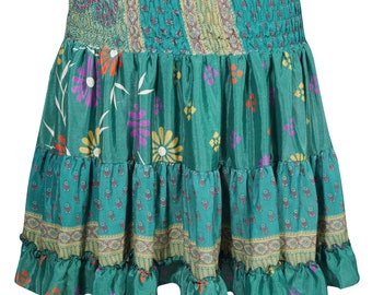 Gypsy Summer Forever Fun Flare Skirts Recycled Silk Sari Vintage Printed Green High Waist Hippie Chic Skirts