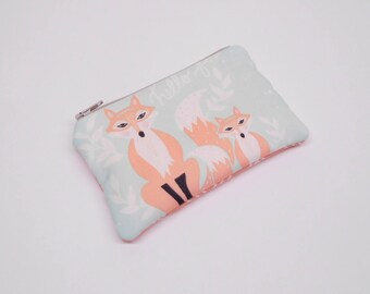 aqua blue fox change purse, light blue fox coin purse, zipper pouch with foxes, woodland animals zipper bag, fox wallet, card holder, purse