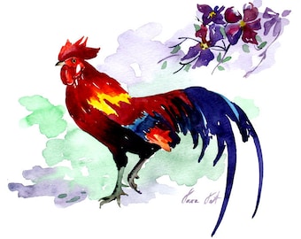 ORIGINAL Watercolor Painting Rooster Art Chicken by Tara Tet