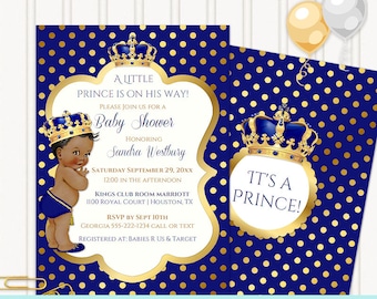 Little Prince Royal Blue and Gold | African American | Editable Invitation Digital Download