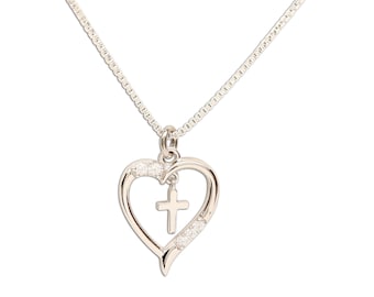 Sterling Silver Dancing Cross Heart Charm Necklace with Gift Box (BCN-Dancing Cross Heart)