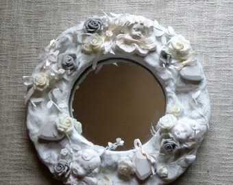 mirror painted cardboard, plaster, flowers, Ribbon Angels: romance