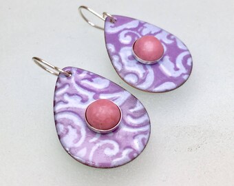 Mauve teardrops enamel earrings floral pattern with pink natural rhodonite stones torch fired enamels by paulbead gifts for women
