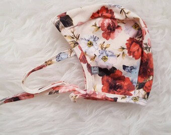 LAST ONE..Peach red and blue Floral pilot hat by little lapsi. baby hat with ties