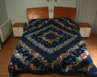 Handmade quilted bed cover, made in "log cabin" technique - 250x250cm (98,4" x 98,4")
