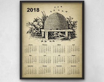 Vintage Beehive Calendar 2018 - Bee Keeping Decor - 2018 Bee Keeping Calendar - Beehive Print - Beehive Poster