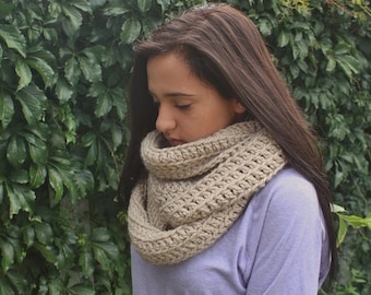 Oversized Chunky Infinity Scarf, Crochet Winter cowl, Taupe