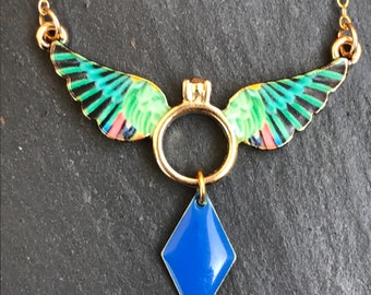 Colorful Hummingbird Blue Gold bib necklace