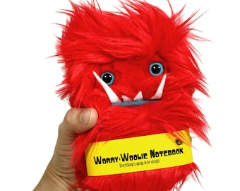 Worry Woolie childrens pocket monster notebook, red and blue fuzzy journal