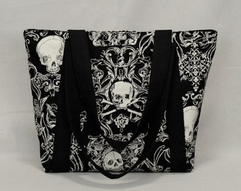 Zippered Tote Bag with Pockets, Pirate Skull and Crossbones, Black and White, Fabric with Canvas Liner, Inside Pockets