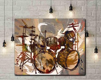 Drums, Drummer Gifts, Drum Set, Drum Prints, Drum Art, Rock n Roll Art, Music Room Decor, Browns, Neutrals, Music Art, Drummers, Drum Canvas