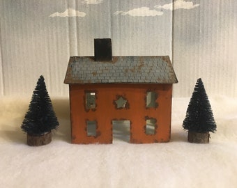 Rustic Tin House and Bottle Brush Trees Set