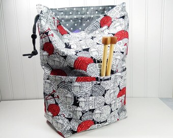 Sheep knitting bag drawstring pouch with pockets, gift for knitter, work in progress, yarn ball sheep, Knitting project bag pockets