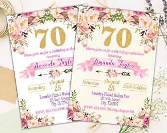 70th Birthday Invitation, Birthday Party Invite, Watercolor Printable Adult Invitation, Glitter Gold, Rustic Bohemian Women Party - I003