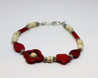 Turquoise bracelet, beaded bracelet, red bracelet, flower bracelet, long bracelet, gift for mom, gift for her