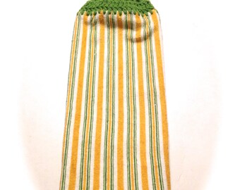 Striped Hand Towel With Grass Green Crocheted Top