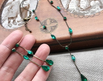 Vintage emerald crystal antiqued brass chain necklace stud earring jewelery set for party,prom wedding occasions