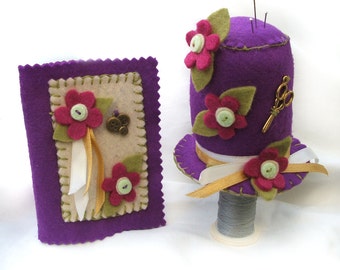 Sewing Needle Case and Pincushion Gift Set, Hand Sewn Hat Pincushion and Matching Felt Needlebook with Plum Pink Flowers, Seamstress Gift