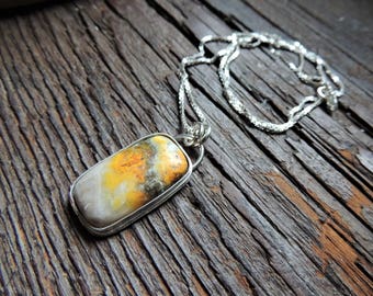 Artisan Jewelry, Bumble Bee Jasper Pendant, Silver Bezel Gemstone, Silver Box Chain, Rustic Handcrafted, Urban Chic Jewelry, Casual