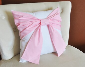 Decorative Throw Pillow - Baby Nursery Pillow- Light Pink Bow on White Pillow