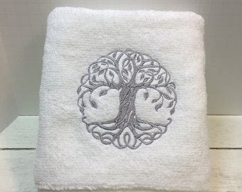 Wedding Gift - Tree Towel - Celtic Towel - Embroidered Towel - Embroidered Hand Towel - Tree of Life - Terry Cloth Towel - Housewarming Gift