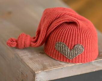 Newborn Hat, Orange and Brown Hat with Heart, Upcycled Newborn Hat, Newborn Knot Hat, Newborn Photography Prop, Sleepy Time Hat, Boy Hats