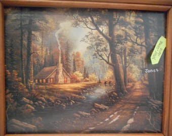 Personalized print. log cabins with a creek and road. personalized sign post.(8 x 10 print in frame)