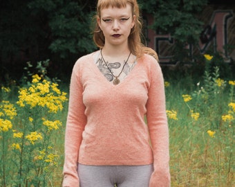 Peach Fluffy V Neck Jumper/Sweater