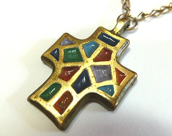 DESIGNER CROSS, Enamel Cross from Israel, Vintage Brass Christian Cross, Colorful Cross with Neckchain, Signed Designer Cross, Mosiac Cross