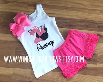 Pink mouse bow Personalized Boutique Number Birthday two 2nd flutter Girls Applique Short Long Sleeve Shirt Tank icing shorts outfit