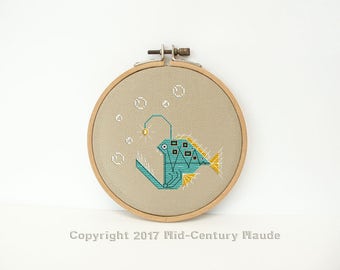 Angler Fish Cross Stitch Pattern Retro Design Instant Download Needlepoint Mid Century Modern style