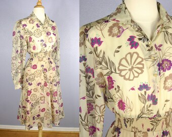 Vintage 70s SHEER Dress Day Dress FLORAL Print Dress Garden Party HIPPIE Spring Dress Boho Festival Secretary Dress Jonathan Logan Purple
