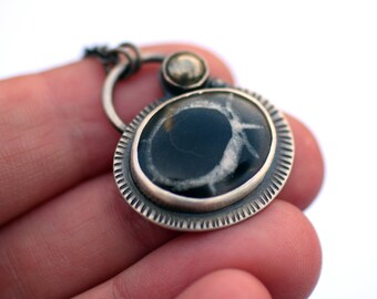Fossil Necklace: Septarian Fossil, Sterling Silver, and Pyrite Necklace, Oxidized Silver Pendant, Unique Metalsmith Jewelry, Fossil Jewelry