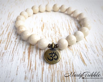 Ohm Aum Om Bracelet, Riverstone Bracelet, Yoga Charms, Gemstone Bracelet, Boho Jewelry, Mala Bead Bracelet, Buddhist Jewelry, Mala Bracelet