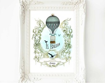 Hot air balloon, French art print, vintage flight with a bird cage, Le Ballon, Paris, A4 giclee