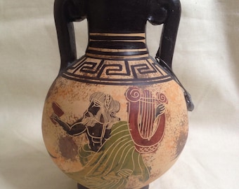 Hand Made Grecian Greek Pottery Jug / Vase / Pot - Hellas - Greek God - Harp - Black Red and green