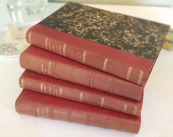 Antique French Book Collection 1887-1906 Leather Bound w/ Marbled Inset