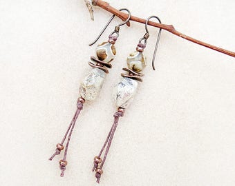 Boho Earrings, Silver Leaf Jasper, Agate, Copper, Tassel, Niobium Ear Wires, Hypoallergenic, Rustic, Handmade, Gift for Her, Gift for Teen