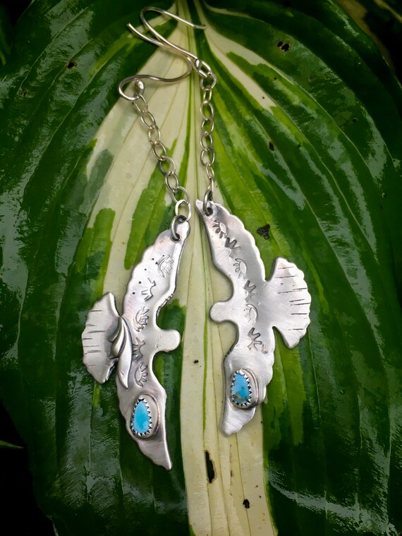 Luyu, Wild Dove Sterling Silver Dove Earrings, Drop Earrings, Turquoise