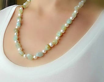 Amazonite Necklace. Natural Amazonite jewelry. Freshwater pearl necklace.