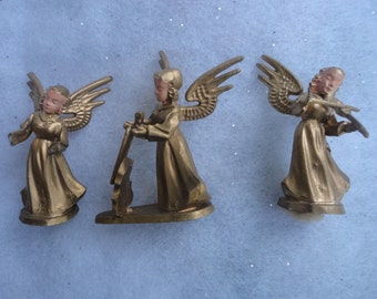 Vintage Mid Century Plastic Collection of Gold Angel Ornaments Made in Hong Kong, Musician Gold Angels, Plastic Gold Christmas Angels