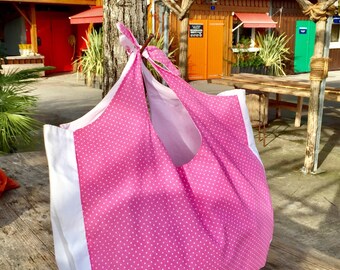Bag, Tote, cotton tote bag has pink and white polka dots.