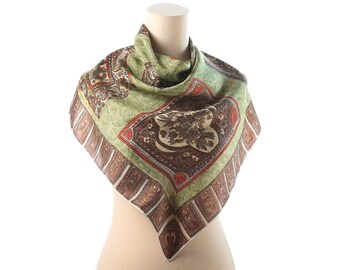 Abstract Silk Scarf 70s Bohemian Patterned Twill Silk Shawl 1970s Moss Green Beige Handrolled Edges Boho Vintage Luxury Scarf Womens Gift