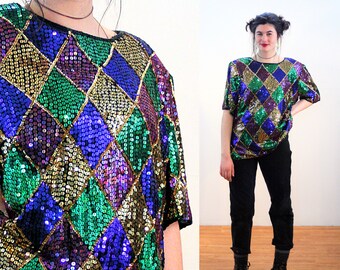 80s Sequin Top XXL, Harlequin Color Block Stenay Vintage India Beaded Glam Plus Size Argyle Mardi Gras Party Blouse, 2XL