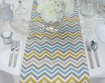 Blue Grey Yellow Table Runner - Wedding Table Runner - Wedding Table Decor - Chevron Zoom Blue Grey Yellow - 12 x 70